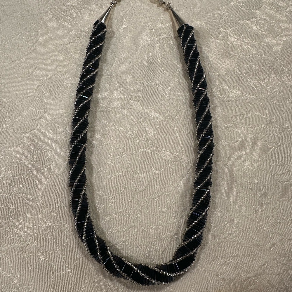 Elegant dark blue and Silver Twisted beaded handmade Necklace